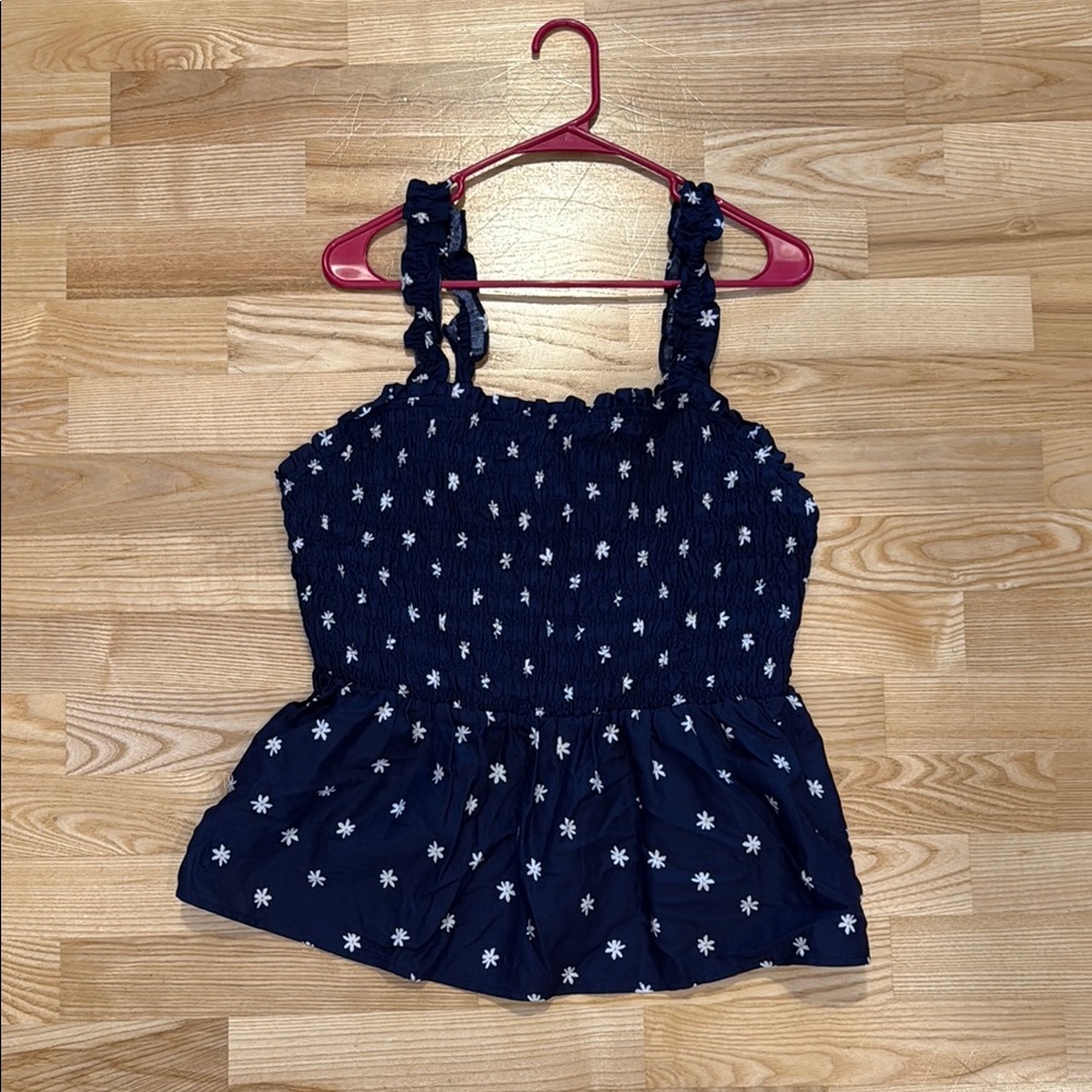 Ava & Viv Navy Blue Smocked Top with White Floral Pattern